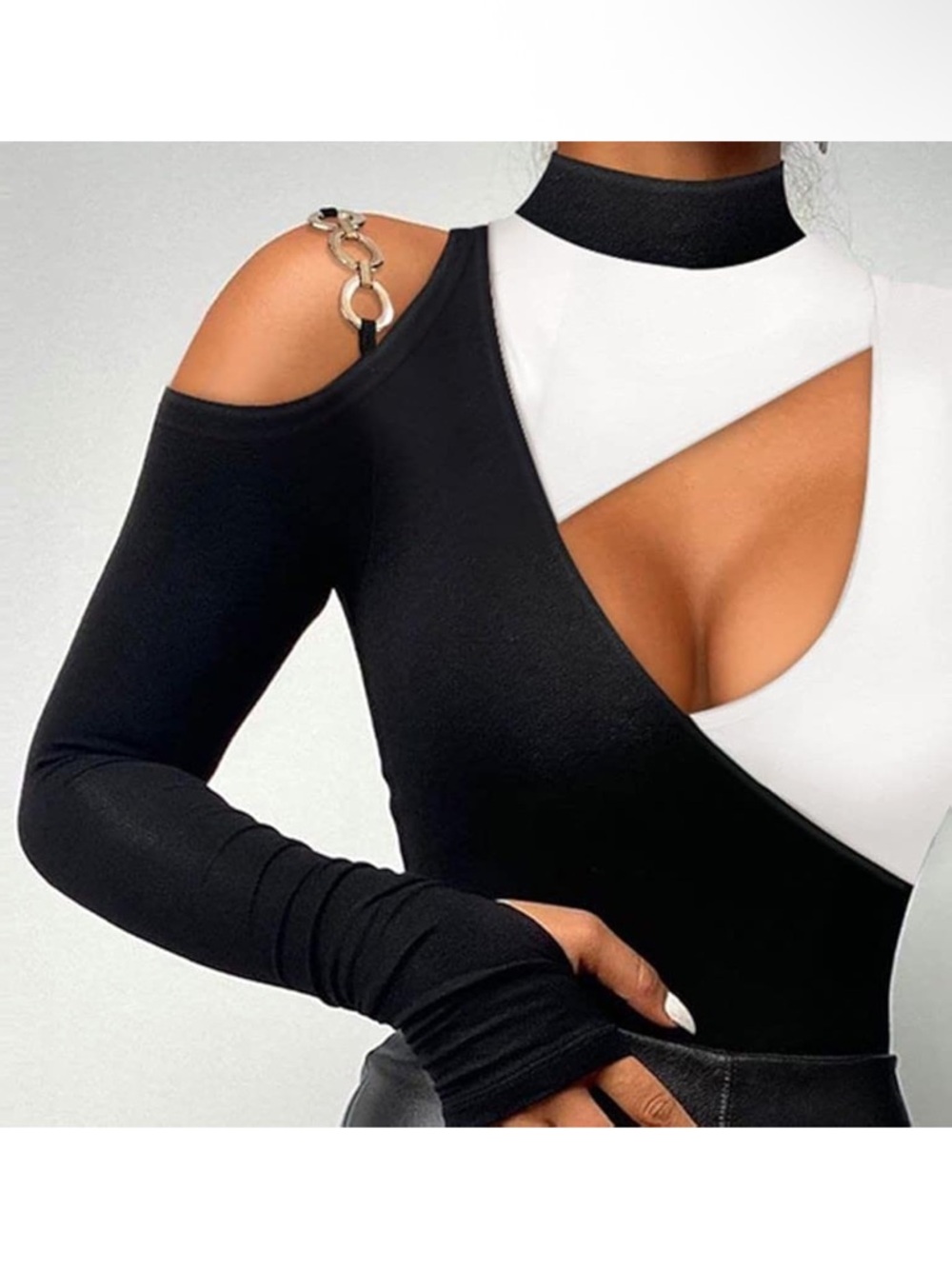 Chic Me Color block Black & White Cutout Long Sleeve Top long-sleeved turtleneck - Picture 2 of 9